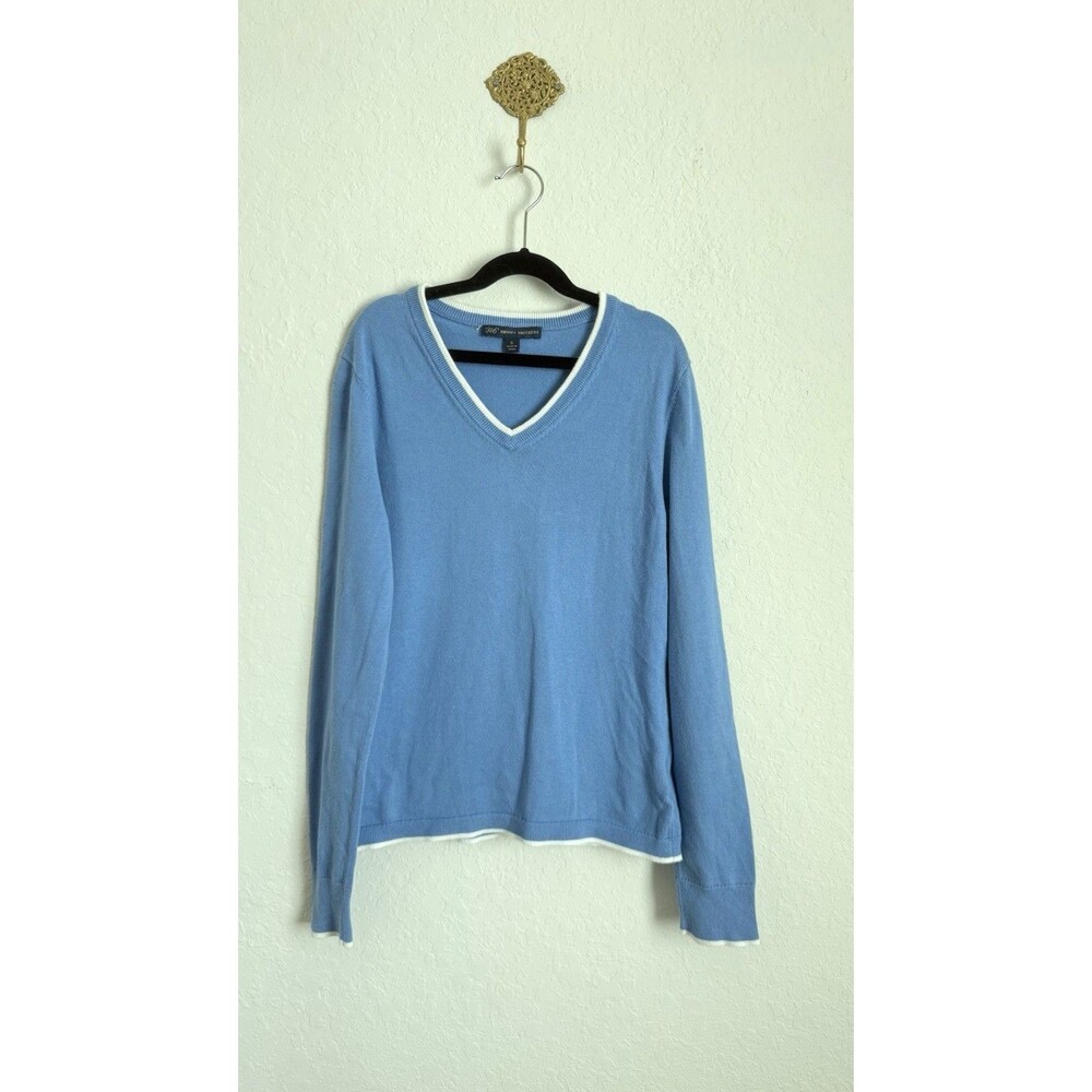 Brooks Brothers 346 Women’s Blue V Neck Sweater White Trim Preppy Classic Sz S